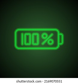 Full battery simple iocn vector. Flat design. Green neon on black background with green light.ai
