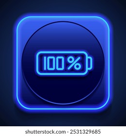 Full battery simple iocn vector. Flat design. Blue neon style on button. With shadow.ai