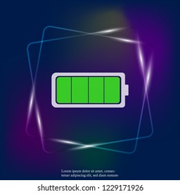  Full battery vector neon light icon. Charged battery green. Layers grouped for easy editing illustration. For your design.