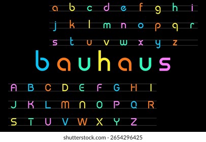 Full Bauhaus Letter Set with Color-Coded Lowercase and Uppercase on Lined Black Background Vector Illustration