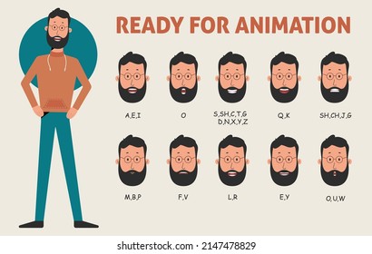 Full Bearded Character Body, Lip Sync, Mouth Shapes, Layered For Animation