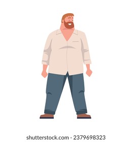 Full Bearded Man Character with Plump Body Standing and Smiling Vector Illustration