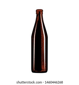 Full beer bottle. Hand drawn vector illustration isolated on white background. Engraving style.