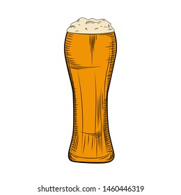 Full beer glass with foam. Engraving style. Hand drawn vector illustration isolated on white background