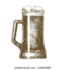 Full Beer Mug Hand Draw Sketch for Bars and Pubs. Vector illustration of dark Glass, Alcohol Drink Concept. Element for oktoberfest festival icon or sign