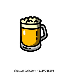Full beer mug isolated on white background, hand-drawing oktoberfest beer, beer with foam. Vector illustration in doodle cartoon style.