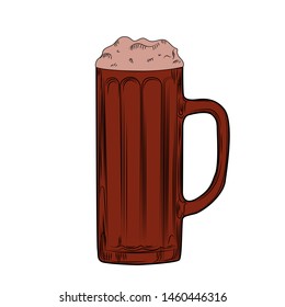 Full beer mug Stout with foam. Engraving style. Hand drawn vector illustration isolated on white background