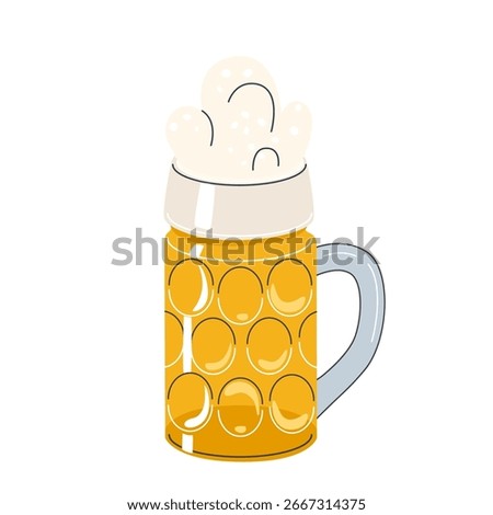 Full beer mug vector illustration with frothy foam overflowing traditional dimpled glass stein filled with golden lager isolated on white background Oktoberfest pub celebration icon