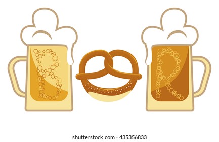 Full beer mugs and pretzels