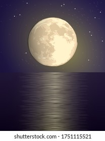 full big yellow moon against the background of the starry sky over the sea with a lunar path on the water. dark purple vector hand draw illustration landscape vertical square format