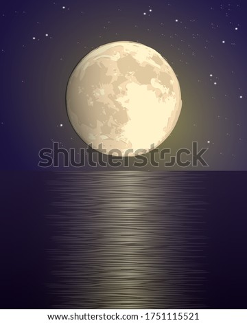 full big yellow moon against the background of the starry sky over the sea with a lunar path on the water. dark purple vector hand draw illustration landscape vertical square format