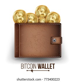 Full Bitcoin Wallet Vector. Brown Color. Bitcoin Gold Coins. Top View. Financial Concept. Money Front Side. Technology Worldwide Network Concept. Isolated On White Background Illustration