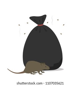 A full black garbage bag, a rat is running alongside and flies fly. concept of waste treatment and cleanliness of the city. flat vector illustration isolated on white background