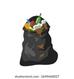 Full black garbage bag with visible trash like food waste and bottles. Vector illustration perfect for waste management, recycling, and pollution awareness concepts