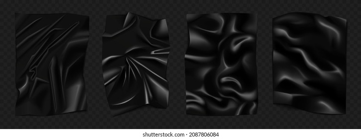 Hoja rectangular de arrugas nadas totalmente negras con ilustración vectorial de conjunto de textura de látex. 3d embalaje de alimentos plásticos desmenuzados realistas, papel lacado pegado o material de embalaje de estiramiento de la extensión pvc fondo negro