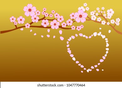 Full bloom cherry blossoms and blowing/flying petals in heart shape; on gradient gold background. Beautiful pink Sakura flowers on brown branches with copy-space. Vector illustration in flat design.