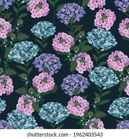 Flor completa Hydrangea Jardín floral , flor delicada y flores silvestres rosa, sin fisuras vector de patrón EPS10,Diseño de moda , tela, textil, papel pintado, envoltura y todas las impresiones sobre azul marino