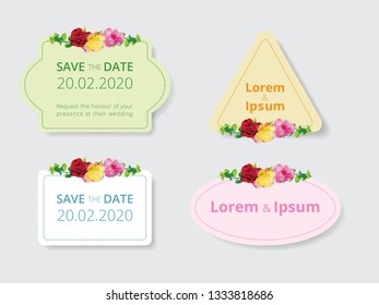 Full bloom pink rose flower wedding card template, red floral vintage invitation frame isolated on round label. Yellow spring flora wreath curl border and green leaf tag element.
