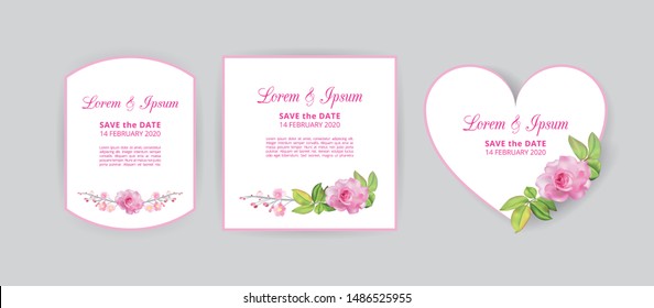 Full bloom pink rose flower isolated on white background wedding card template, Cherry blossom floral vintage invitation frame. Japan spring flora wreath curl border tag element.