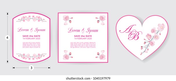 Full bloom pink sakura flower wedding card heart template, Cherry blossom floral vintage invitation frame isolated on white round background. Japan spring flora wreath curl border tag element.