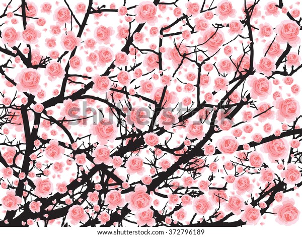 白い背景に満開のピンクの桜の木 桜 花の枝の背景 植物のバナービンテージフレーム パステルスプリング花柄の壁紙 のベクター画像素材 ロイヤリティフリー