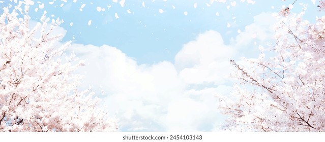 Full bloom sakura and blue skies vector design background. Spring fairytale backdrop. Pink japanese cherry blossom. Watercolor style texture. Delicate card. Elegant decoration. Fantasy pastel color