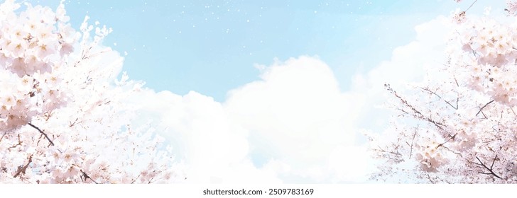 Full bloom sakura and blue skies vector design background. Spring fairytale backdrop. Pink japanese cherry blossom. Watercolor style texture. Delicate card. Elegant decoration. Fantasy pastel color