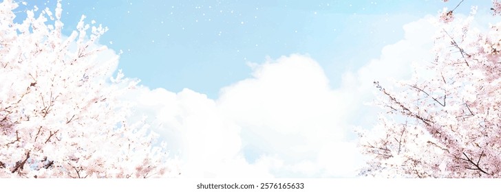 Full bloom sakura and blue skies vector design background. Spring fairytale backdrop. Pink japanese cherry blossom. Watercolor style texture. Delicate card. Elegant decoration. Fantasy pastel color