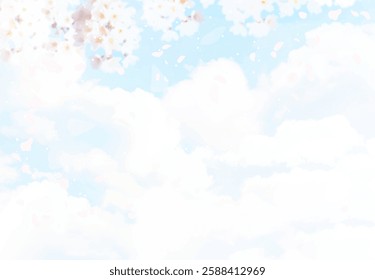 Full bloom sakura and blue skies vector design background. Spring fairytale backdrop. Pink japanese cherry blossom. Watercolor style texture. Delicate card. Elegant decoration. Fantasy pastel color