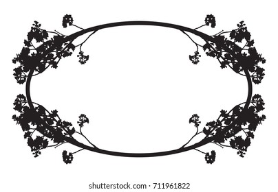 Full bloom sakura flower branch isolated black border, Cherry blossom flora round bush vintage silhouette. Oval floral circle frame template.