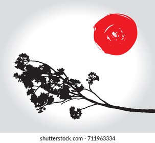 Full bloom sakura flower isolated black wood, Cherry blossom flora bush vintage silhouette. Red sun brush stroke vector on gray background.