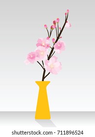 Full bloom sakura flower tree isolated orange pot, pink japan flora bush, spring floral branch in yellow vase gray background. Treetop of Cherry blossom petal leaf black black vector.