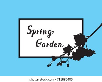 Full bloom sakura flower tree isolated frame, pink japan flora bush shadow, spring floral branch in blue border background. Treetop of Cherry blossom petal leaf handwriting black brush vector.