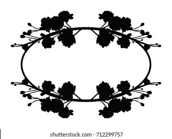 Full bloom sakura flower tree isolated oval border, black japan flora bush round frame, spring floral circle branch on white background. Treetop of Cherry blossom petal leaf vector.