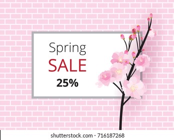 Full bloom sakura flower tree isolated pastel brick wall, pink japan flora bush white frame, spring floral branch on gray border. Treetop of Cherry blossom petal leaf sale poster vector template.
