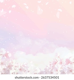 Full bloom sakura and pink skies vector design background. Spring fairytale backdrop. Pink japanese cherry blossom. Watercolor style texture. Delicate card. Elegant decoration. Fantasy pastel color