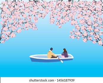 Full Bloom White Sakura Tree (Cherry Blossom) Black Wood Riverside, Flower Branch Backdrop, Flora Bush Banner Vintage Frame. Pastel Sweet Couple Spring Floral Wallpaper. Lover On Blue Paddle Boat.