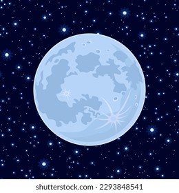 Full blue moon in the dark starry sky. Vector cartoon illustration.