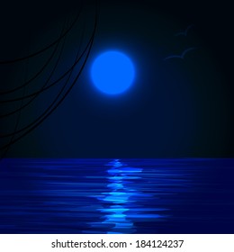 Full blue moon over cold night water.