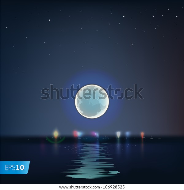 Full blue moon over cold night water,
vector Eps10
illustration.