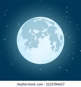 Full blue moon with star at dark night sky background. Realistic vector.