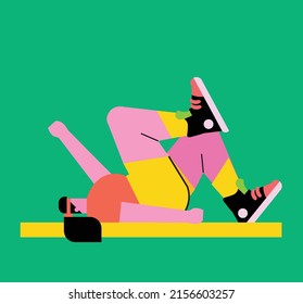 A Full Body, Abs And Lower Body Strength Workout For A Beginner, Stylized Vector Illustration, Flat Character Of A Woman Exercising On A Yoga Mat