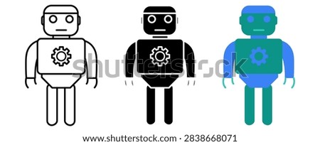 Full Body Android Setting Robot Character Icon in Line, Silhouette, and Color Styles