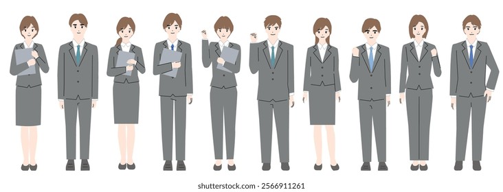 Full body avatar set of a young man and woman in a suit.