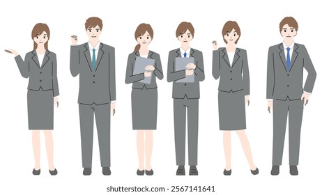 Full body avatar set of a young man and woman in a suit.