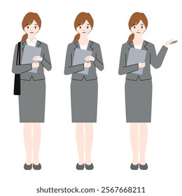 Full body avatar set of a young woman in a suit.