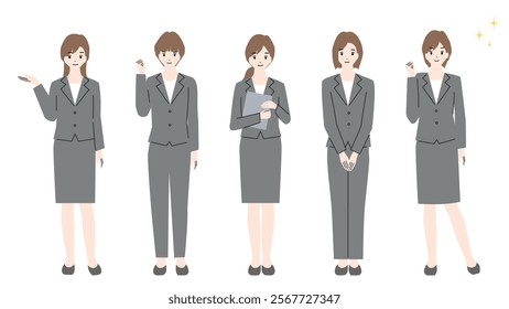 Full body avatar set of a young woman in a suit.