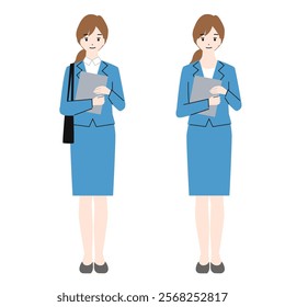 Full body avatar set of a young woman in a suit.