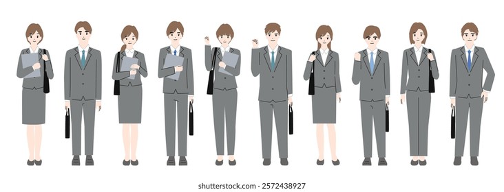 Full body avatar set of a young man and woman in a suit.