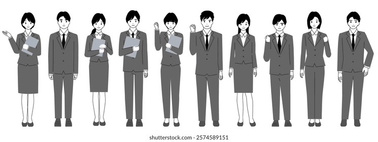 Full body avatar set of a young man and woman in a suit.